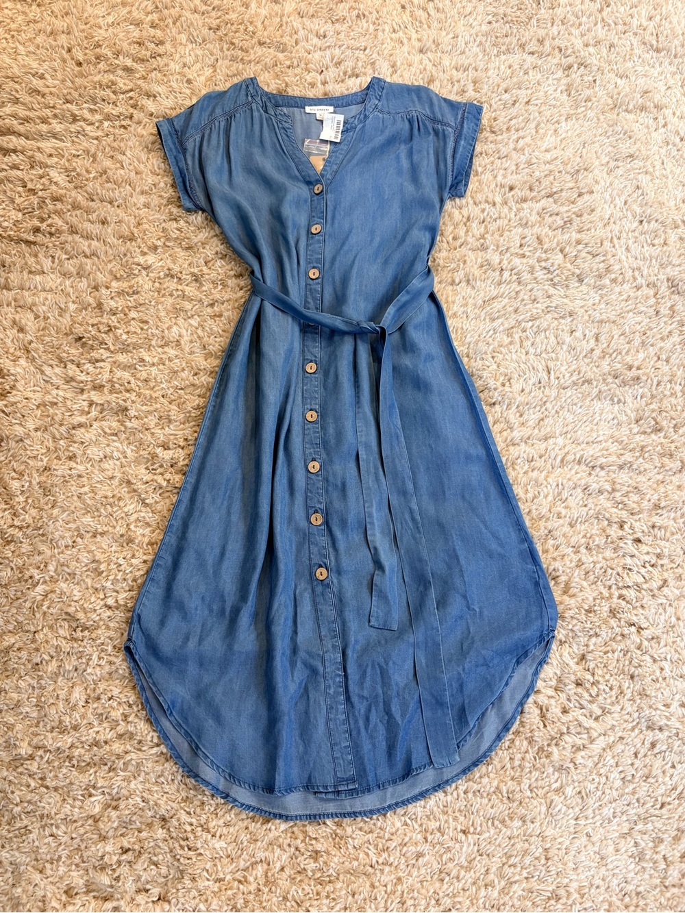 Blu Pepper Women's Medium Blue Button-Front Shirt Dress with Tie Waist